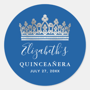 Sticker Rond Elégante Quinceanera Royal Blue Argent Couronne