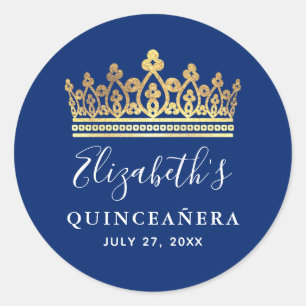 Sticker Rond Elégante Quinceanera Royal Blue Gold Crown