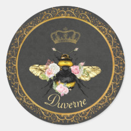 Sticker Rond Elégante Reine Abeille rose Roses Gris Or