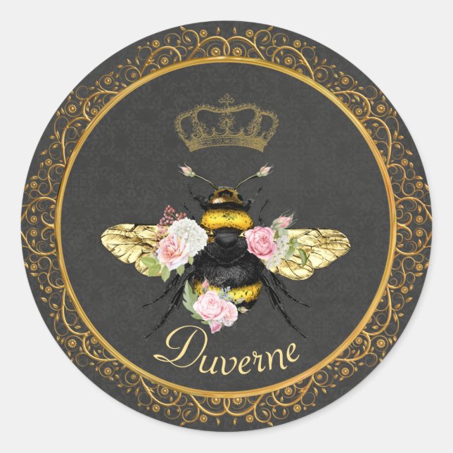 Sticker Rond Elégante Reine Abeille rose Roses Gris Or (Devant)