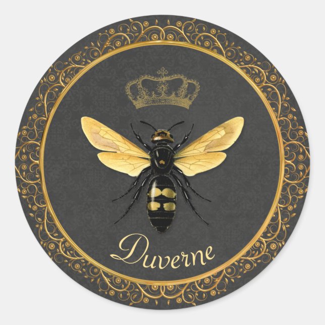 Sticker Rond Elégante Reine d'Abeille gris or jaune (Devant)