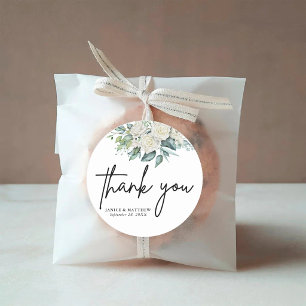 Sticker Rond Élégante Rose blanche verte Mariage Floral