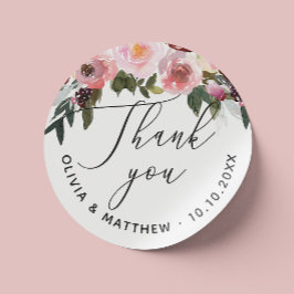 Sticker Rond Élégante rose. Floral script mariage merci