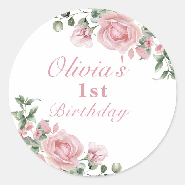 Sticker Rond Elégante rose Roses 1er anniversaire fête (Devant)