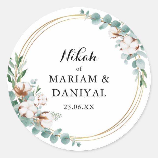 Sticker Rond Élégante verdure or Floral Mariage musulman (Devant)
