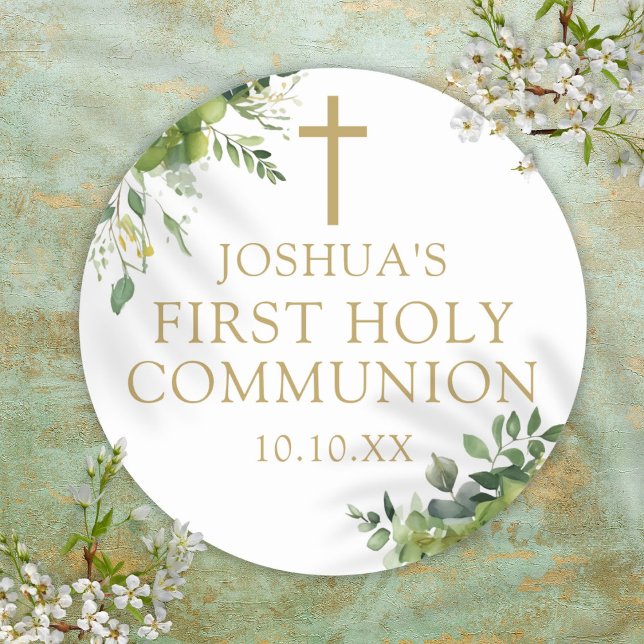Sticker Rond Élégante verdure Première Sainte Communion Favoris (Elegant Greenery First Holy Communion Favor Classic Round Sticker)
