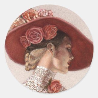 Sticker Rond Elégante Victorian Lady Fine Art Casquette Rose Vi