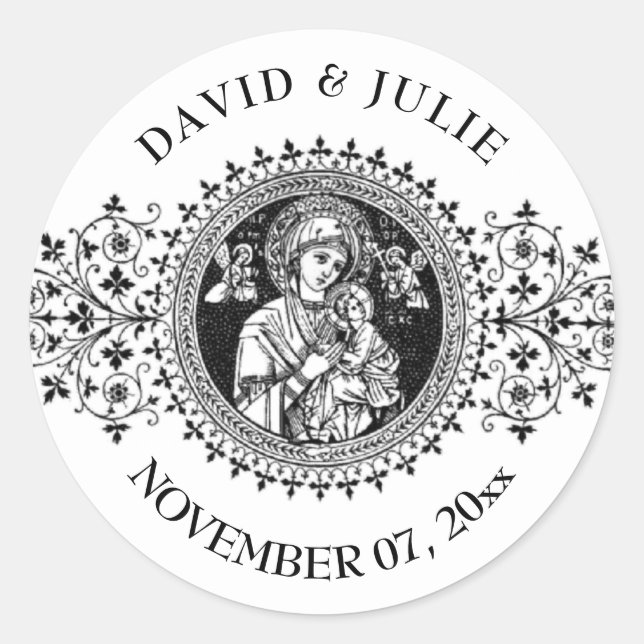 Sticker Rond Élégante Vierge classique Marie Jésus Blanc Noir (Devant)