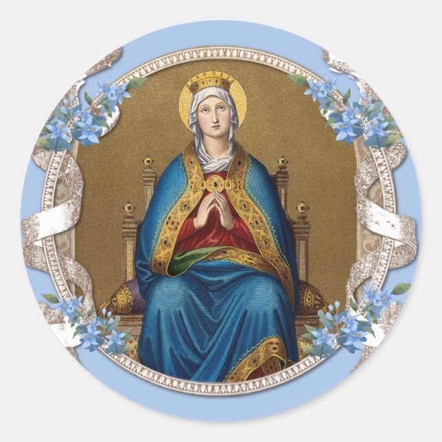 Sticker Rond Élégante Vierge Religieuse Marie Florale Bleue (Devant)
