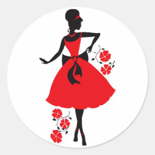 Sticker Rond Elégante vintage jeune femme rouge noir silhouette