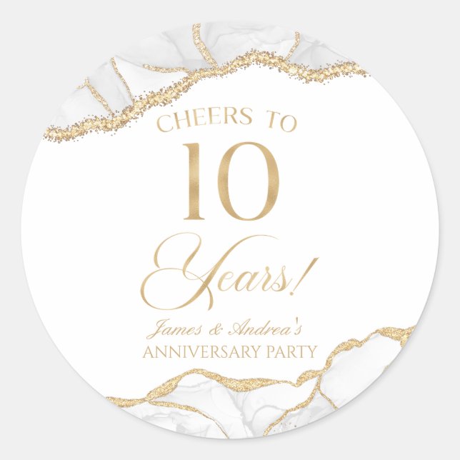 Sticker Rond Elégante White Gold Agate 10e anniversaire fête (Devant)