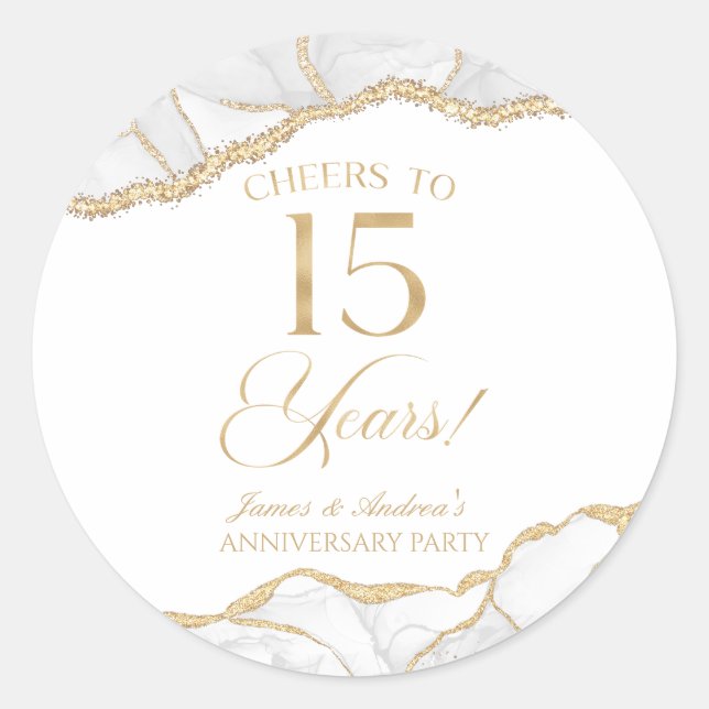Sticker Rond Élégante White Gold Agate 15e anniversaire fête (Devant)