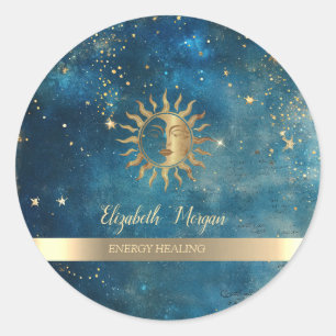 Sticker Rond Élégantes étoiles de soleil en or aquarelle bleue