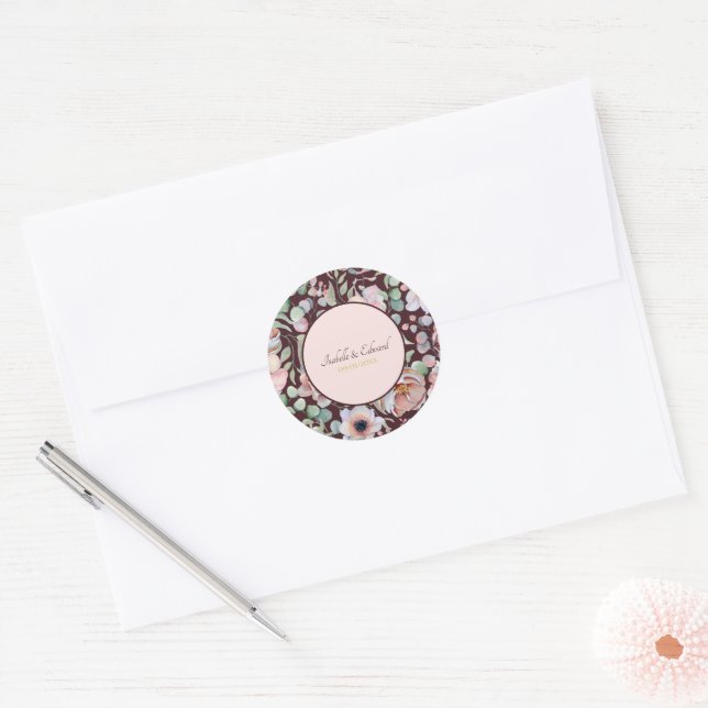 Sticker Rond Élégantes Fleurs d'Anémone Rose Marsala pour Maria (Enveloppe)