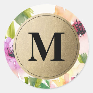 Sticker Rond Élégantes Fleurs Monogrammes Or   Favoriser les Ét