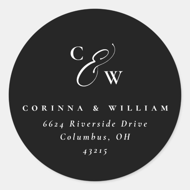 Sticker Rond Élégantes initiales simples noir et blanc mariage  (Devant)