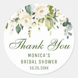Sticker Rond Élégantes Roses Blanches Eucalyptus Floral Remerci