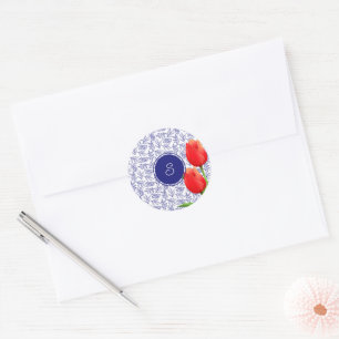 Sticker Rond Élégantes Tulipes Rouges Printemps Floral Blue Mon