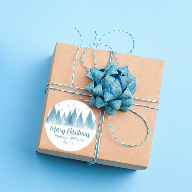 Sticker Rond Élégants arbres d'hiver personnalisés Bleu Joyeux  (Créateur téléchargé)