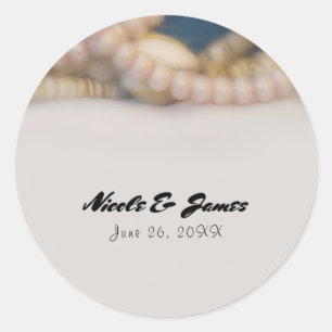Sticker Rond Élégants Perles & Coquillages Faveur de Mariage de