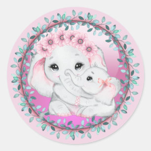 Sticker Rond Eléphane rose bébé fille mère feuille de la couron