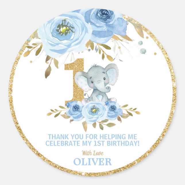 Sticker Rond Éléphant 1er Anniversaire Faveurs Bleu Floral Merc (Devant)