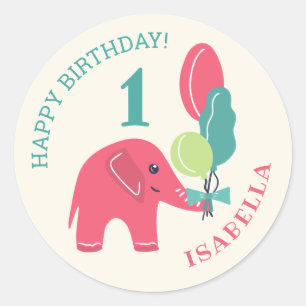 Sticker Rond Eléphant avec Ballons Filles 1er anniversaire