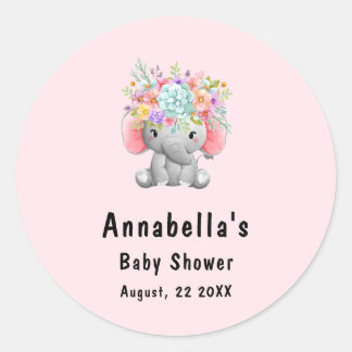 Sticker Rond Éléphant avec Fleurs Baby Shower