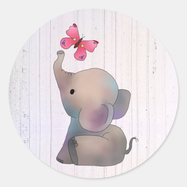 Sticker Rond Éléphant avec papillon rose (Devant)