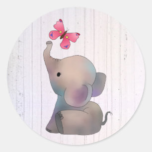 Sticker Rond Éléphant avec papillon rose