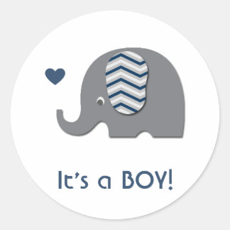 Sticker Rond Elephant Baby shower Invitation Garçon Blue Chevro