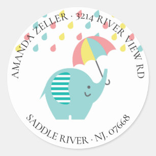 Sticker Rond Eléphant Baby shower parapluie Adresse de retour