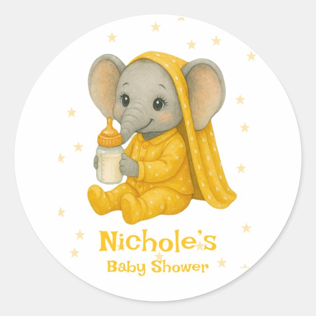 Sticker Rond Elephant bébé dans le Baby shower de pyjama jaune (Devant)