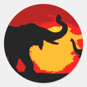 Sticker Rond Eléphant, bébé éléphant et coucher de soleil