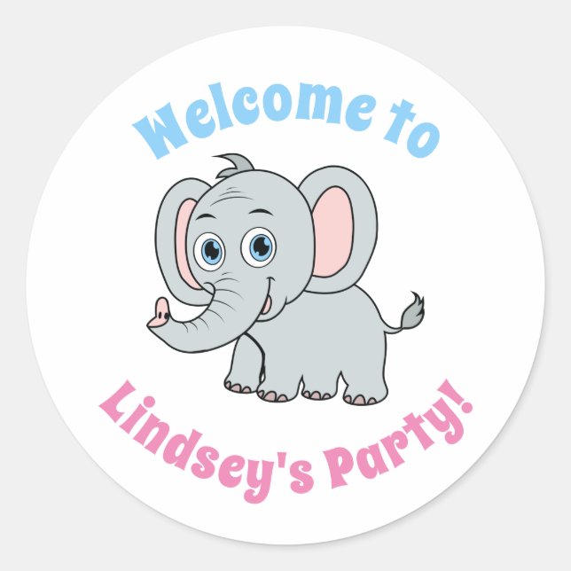 Sticker Rond Eléphant Cartoon bleu bleu bleu rose et gris (Devant)