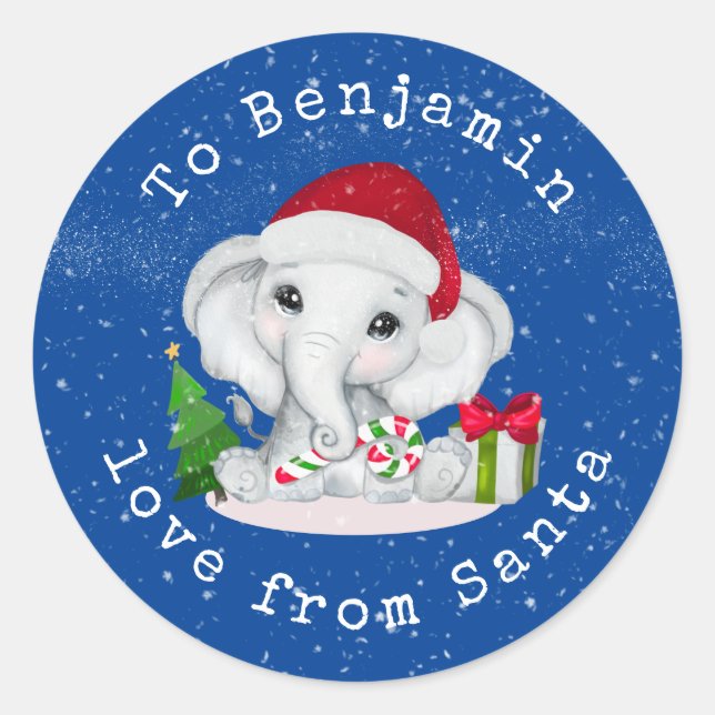 Sticker Rond Elephant Childs Name Love From Père Noël Christmas (Devant)