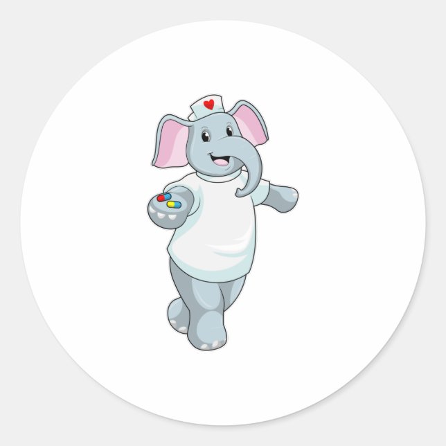 Sticker Rond Elephant comme infirmière avec la médecine (Devant)