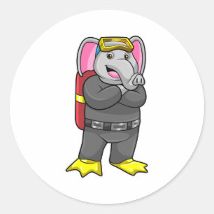 Sticker Rond Elephant comme plongeur avec lunettes de plongée