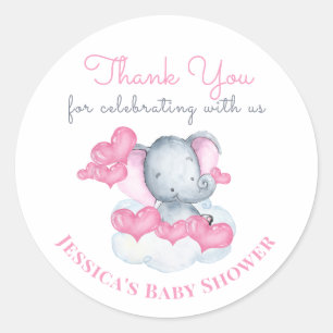 Sticker Rond Eléphant de petite fille aux coeurs roses - Merci