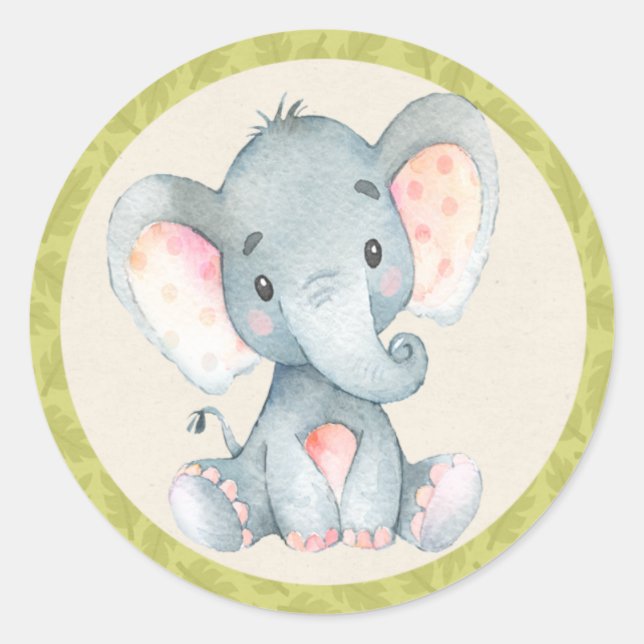 Sticker Rond Elephant Jungle Animaux Baby shower Favoriser Stic (Devant)