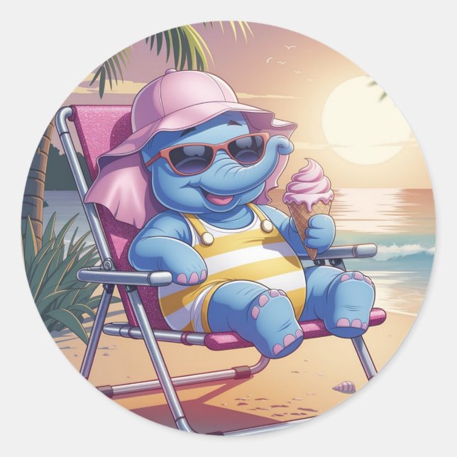 Sticker Rond Eléphant mangeant la glace d'été (Devant)