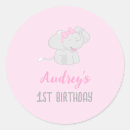 Sticker Rond Eléphant mignon 1er Anniversaire rose