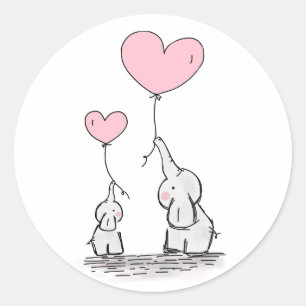 Sticker Rond Eléphant mignon Coeur rose Ballons Baby shower fil
