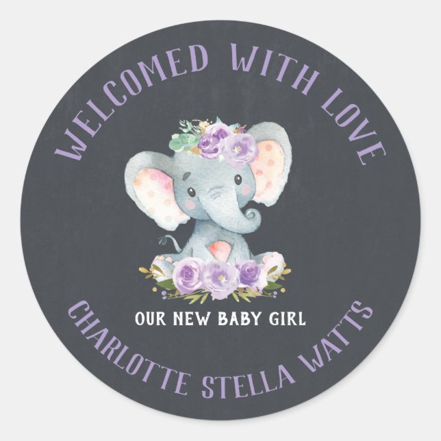 Sticker Rond Eléphant mignon nouveau bébé fille Faire-part Favo (Devant)