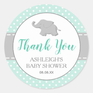 Sticker Rond Eléphant Mint Green Polka Dot Baby shower