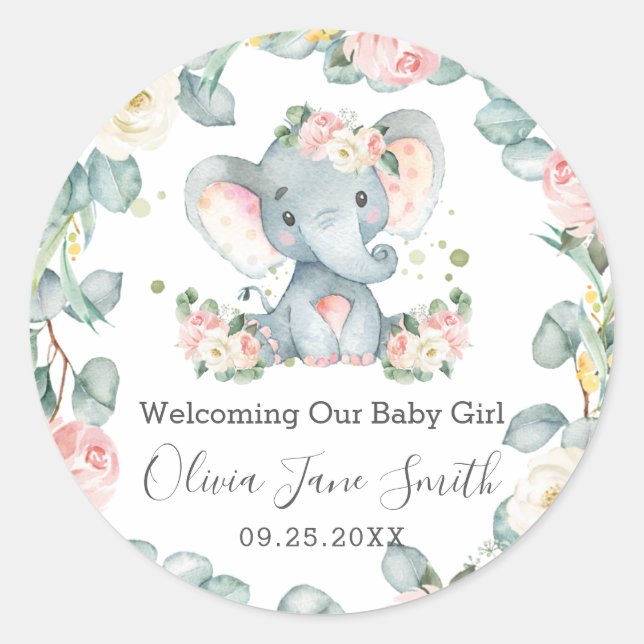 Sticker Rond Elephant Nouveau bébé rose ivoire fleuri Vert Favo (Devant)