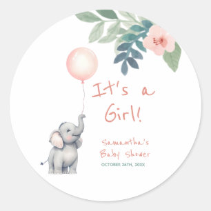 Sticker Rond Eléphant rose C'est un Baby shower de fille