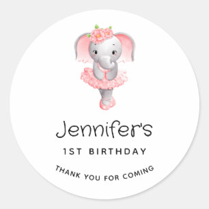Sticker Rond Eléphant rose et gris Ballerina Merci d'anniversai