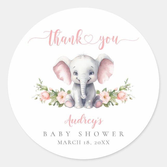 Sticker Rond Eléphant rose mignon bébé fille Merci douche (Devant)