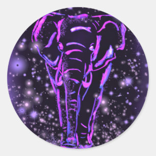 Sticker Rond Eléphant Rose Violet Neon Marchant La Nuit étoilée